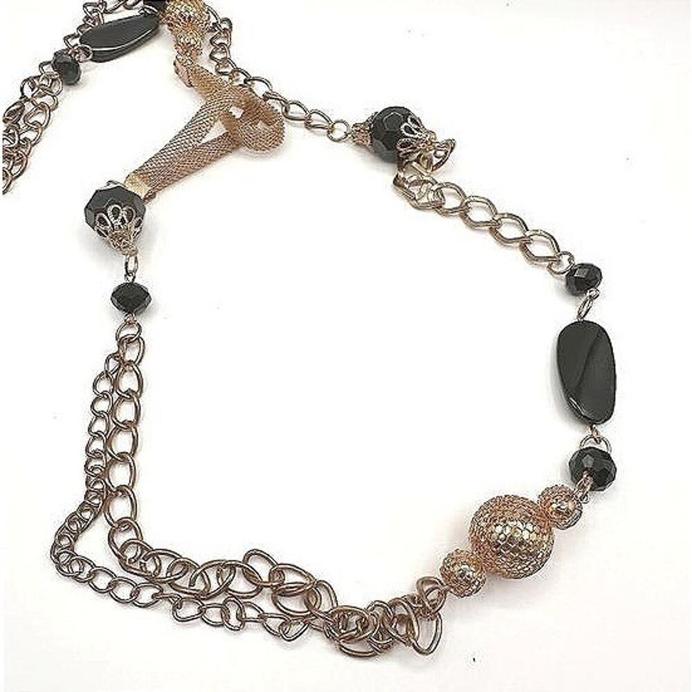 Vintage Black Bead Long Necklace Layered Chain Mesh Pendant Gold Tone Jewelry